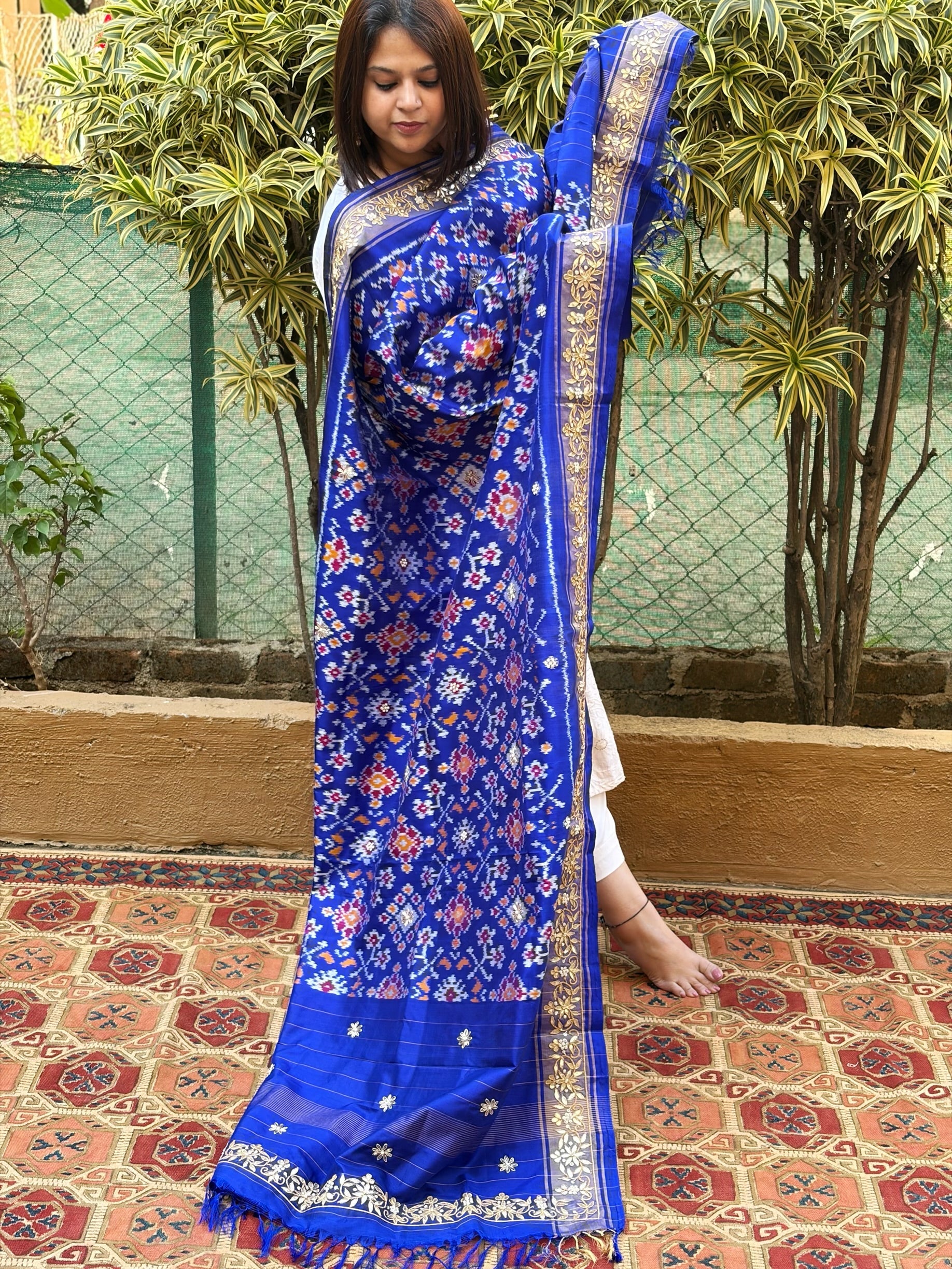 Royal Blue Handwoven Ikat Patola with Gotapatti & Pearl Handwork dupatta in Pure Silk - Masakalee