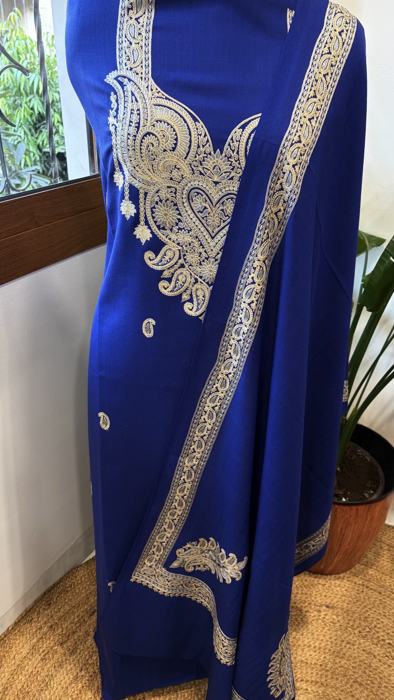 Royal Blue Winter Suit Set with Aari Work in Pashmina Wool - Masakalee
