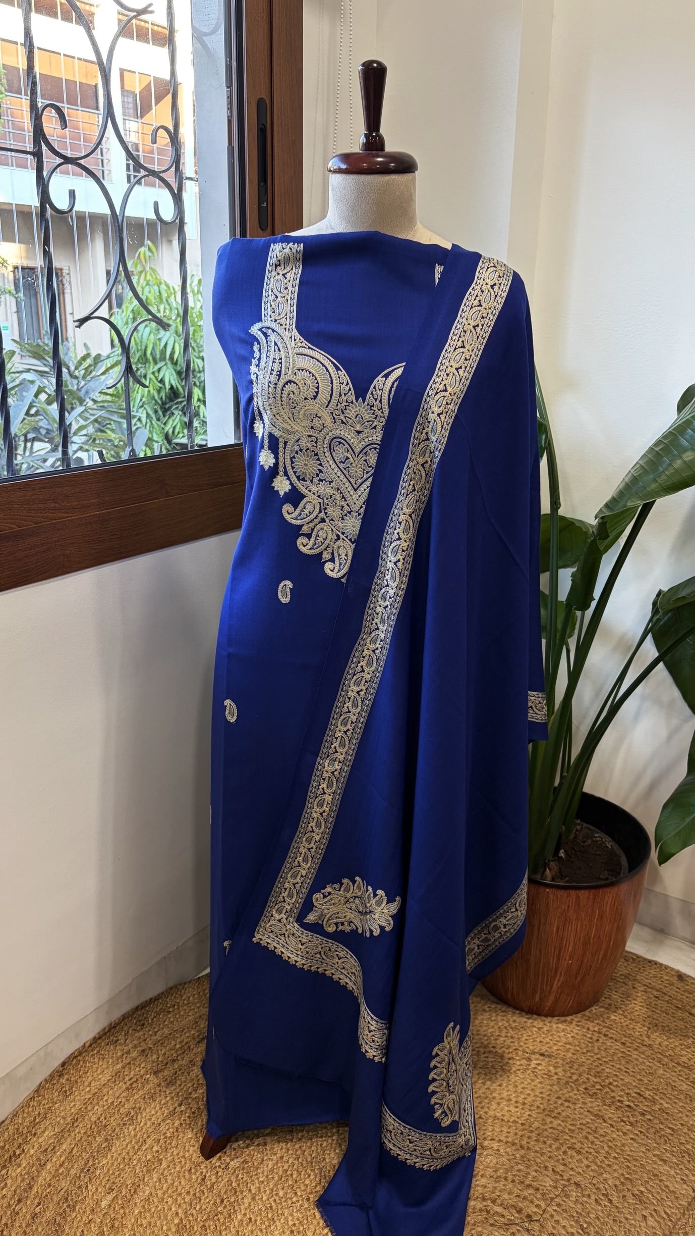 Royal Blue Winter Suit Set with Aari Work in Pashmina Wool - Masakalee