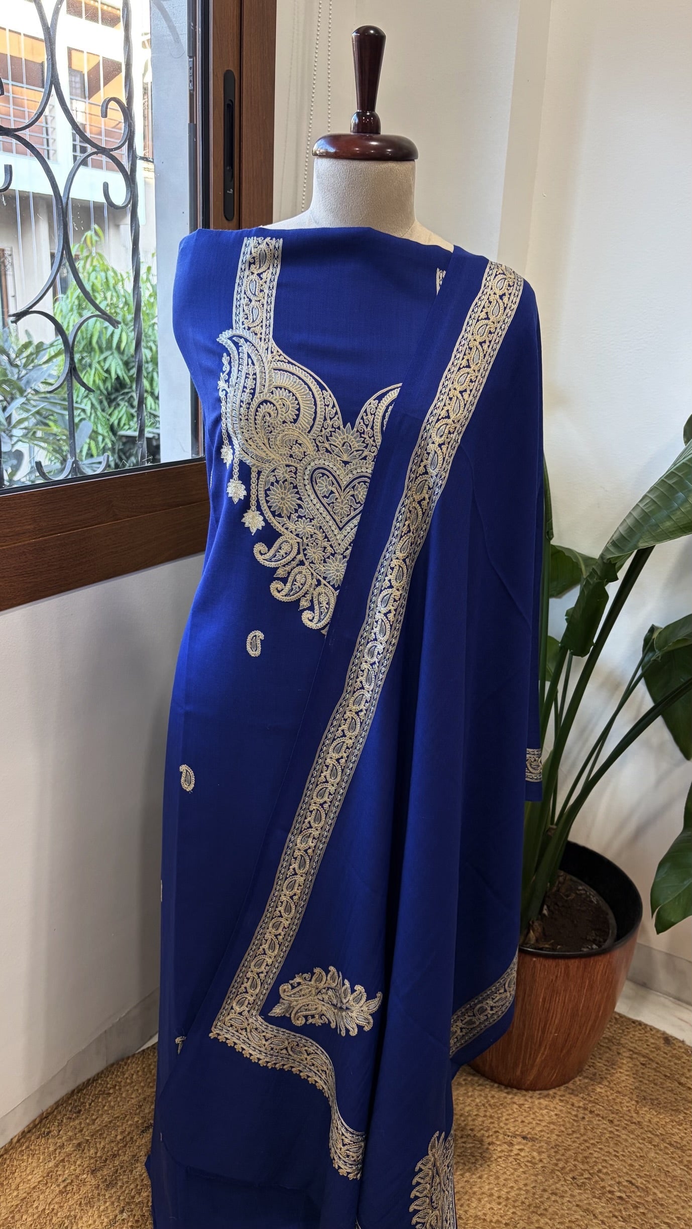 Royal Blue Winter Suit Set with Aari Work in Pashmina Wool - Masakalee