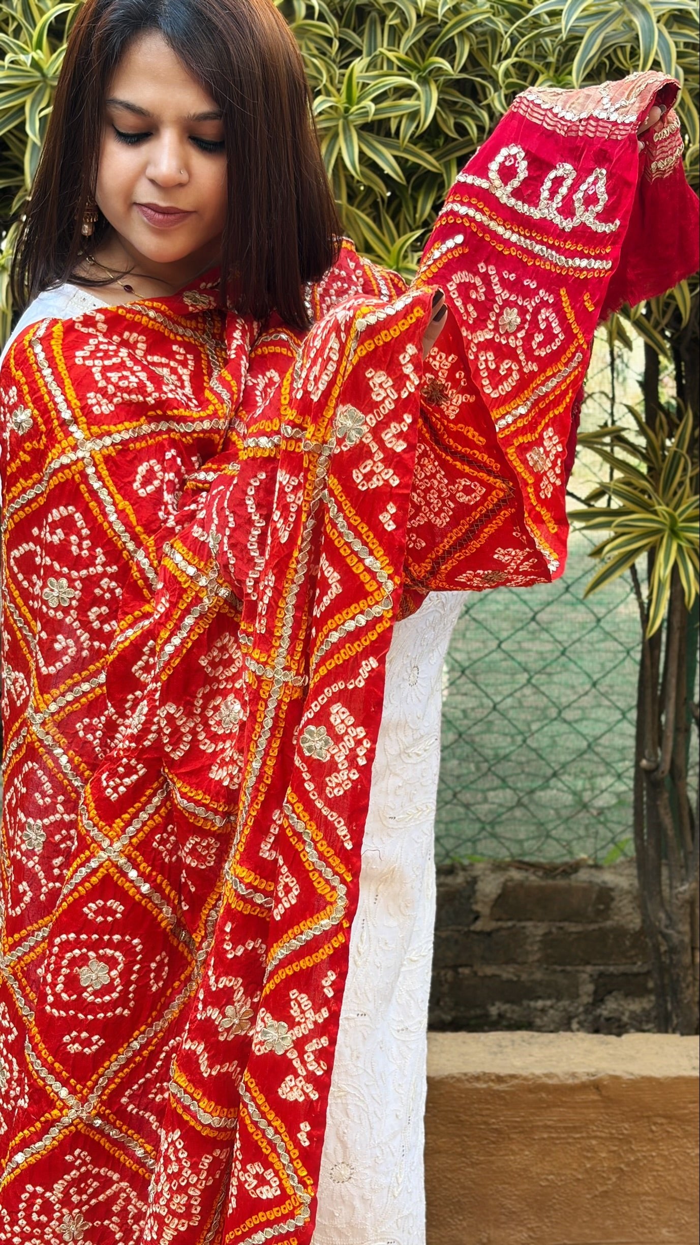 Rust Bandhani Dupatta with Gotapatti Handwork in Pure Silk - Masakalee