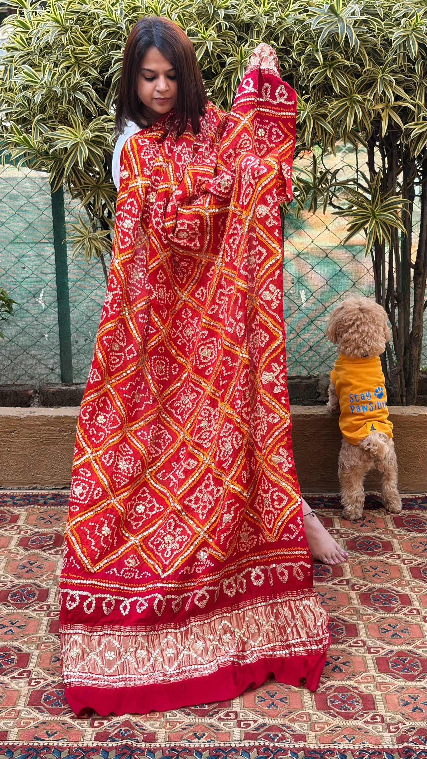 Rust Bandhani Dupatta with Gotapatti Handwork in Pure Silk - Masakalee