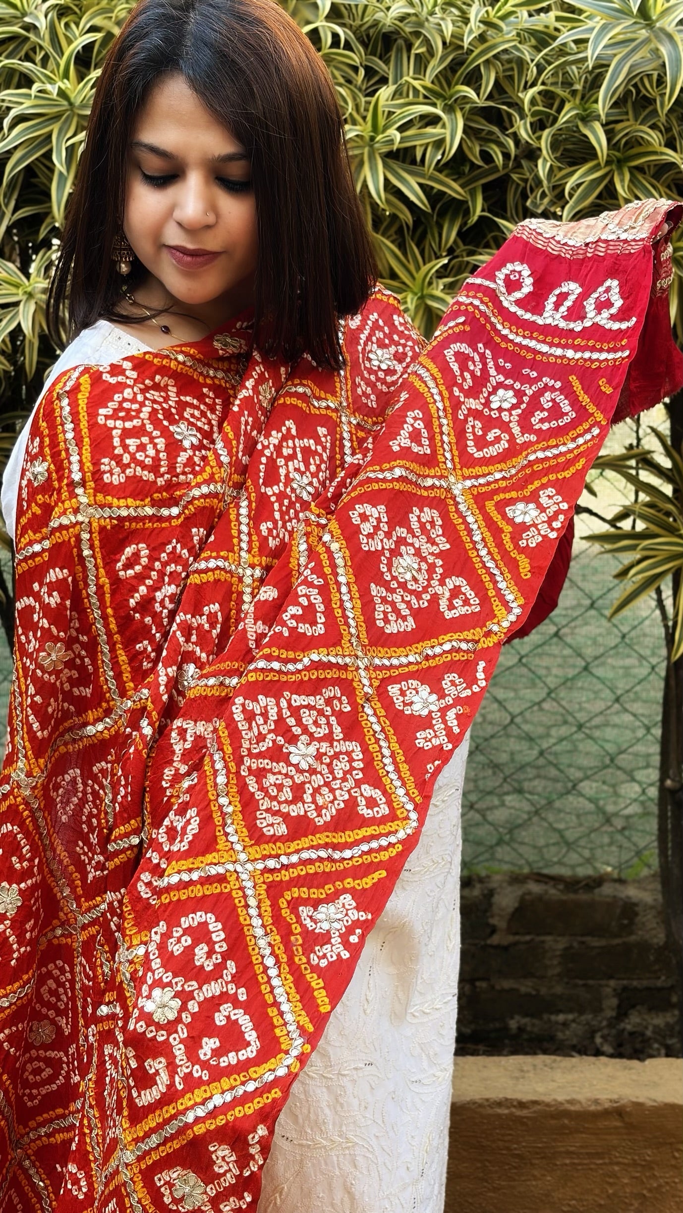 Rust Bandhani Dupatta with Gotapatti Handwork in Pure Silk - Masakalee