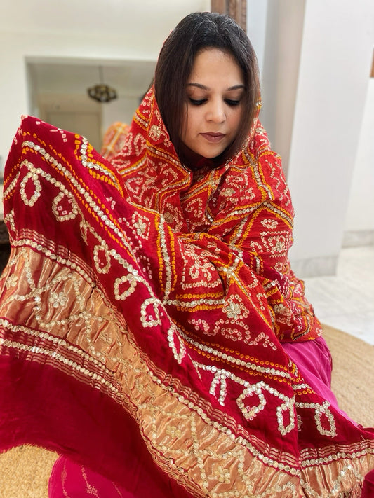 Rust Bandhani Dupatta with Gotapatti Handwork in Pure Silk - Masakalee