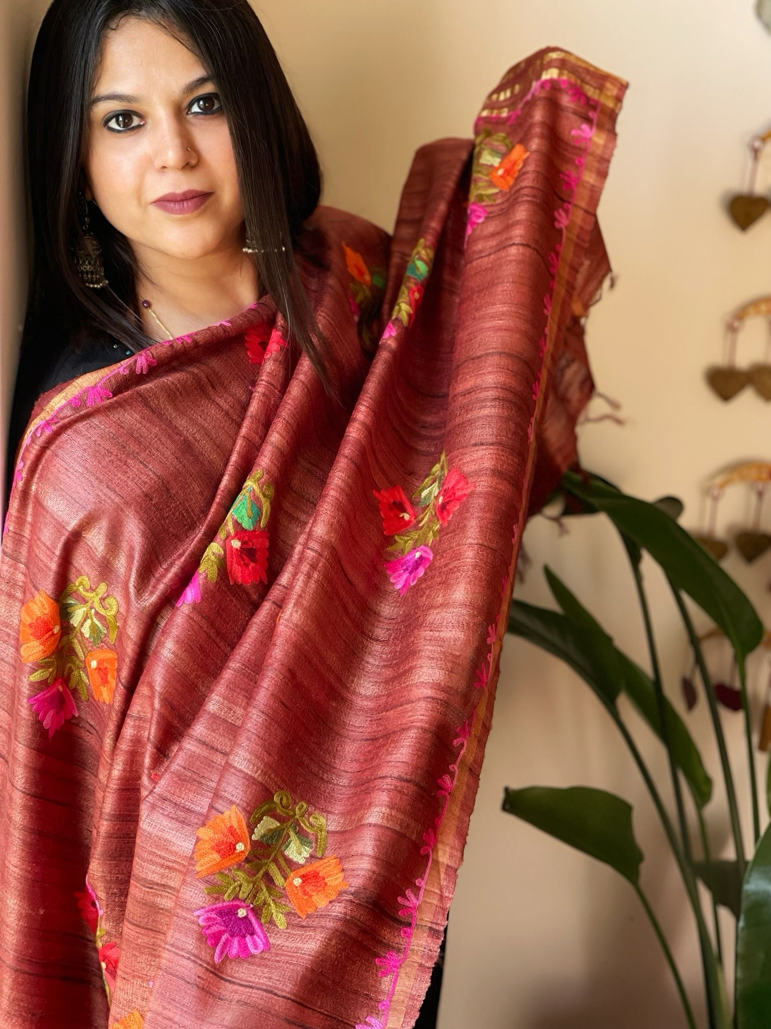 Rust Brown Kashmiri Aari Embroidered Dupatta in Geecha Silk - Masakalee