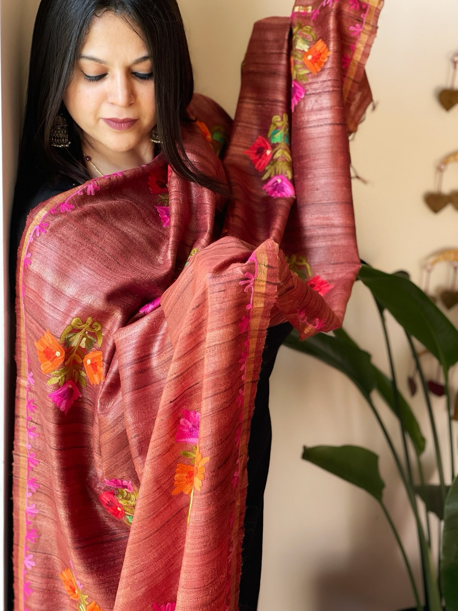 Rust Brown Kashmiri Aari Embroidered Dupatta in Geecha Silk - Masakalee