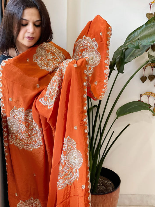Rust Crepe Dupatta with Pearl, Cut Daana, Gold Thread & Sequin Embroidery - Masakalee