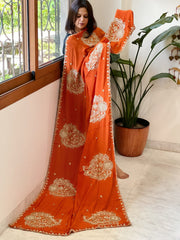 Rust Crepe Dupatta with Pearl, Cut Daana, Gold Thread & Sequin Embroidery - Masakalee