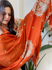 Rust Crepe Dupatta with Pearl, Cut Daana, Gold Thread & Sequin Embroidery - Masakalee