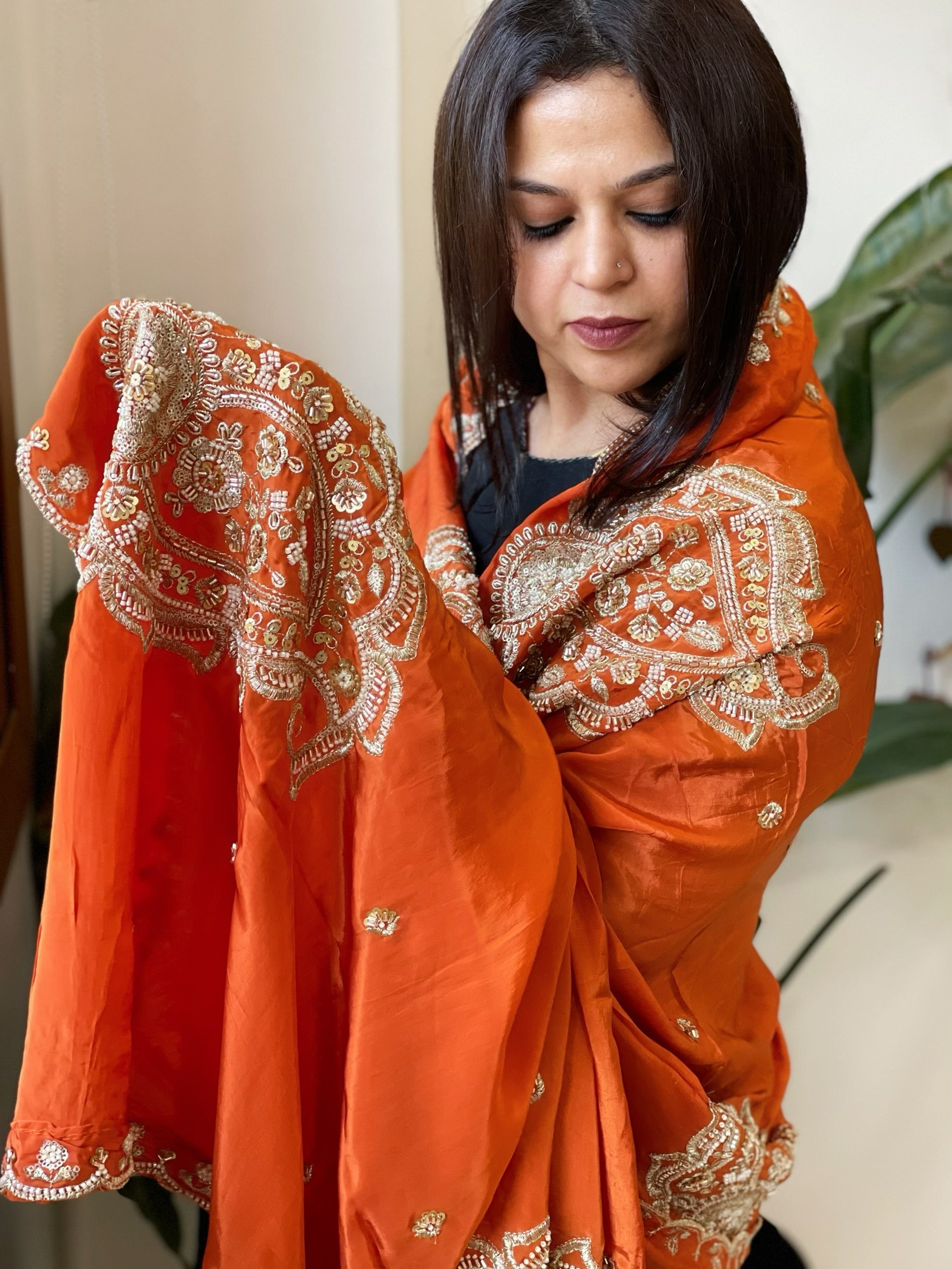 Rust Crepe Dupatta with Pearl, Cut Daana, Gold Thread & Sequin Embroidery - Masakalee