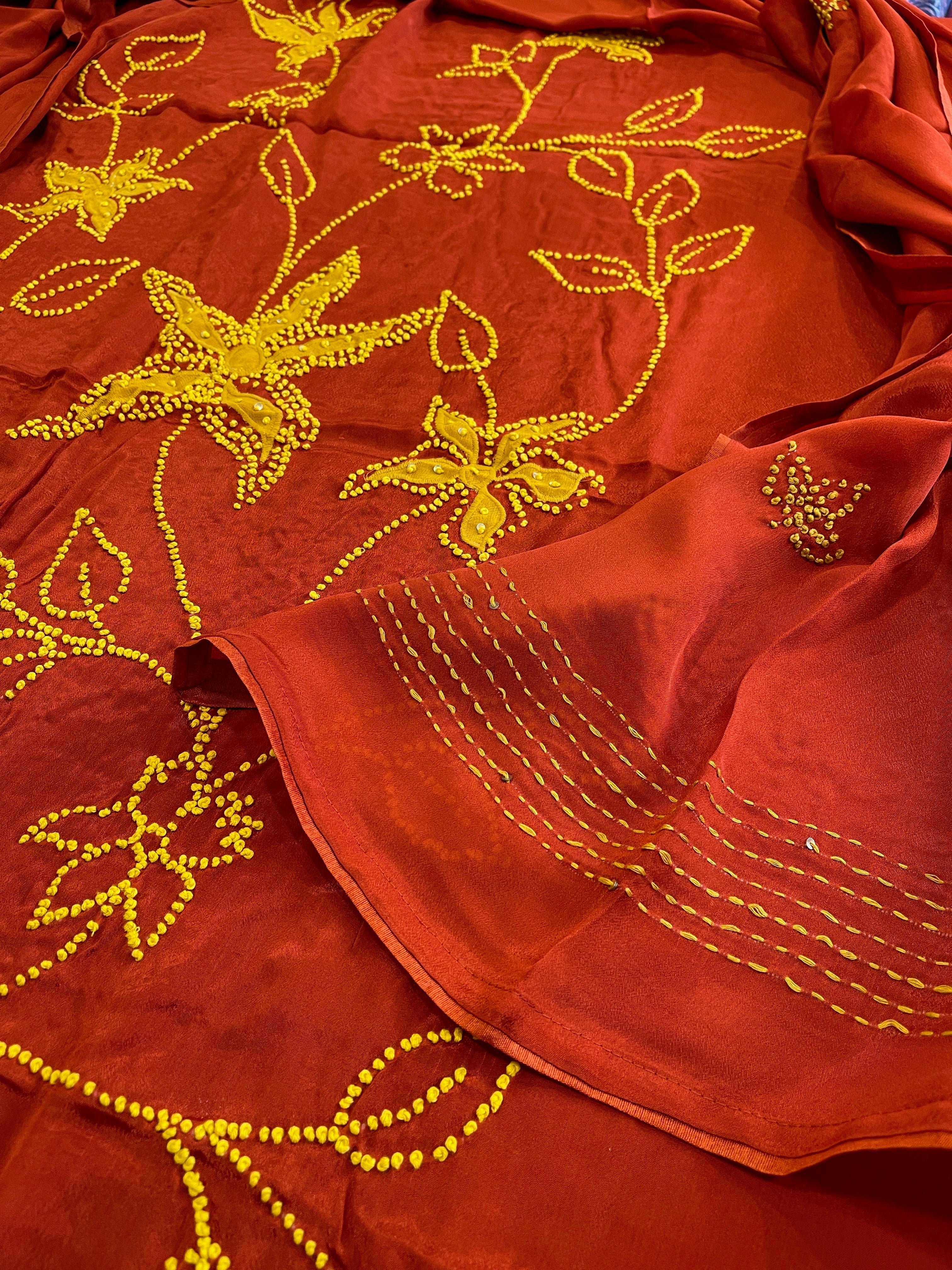 Rust Crepe Suit Set With Knot & Sequin Handwork - Masakalee