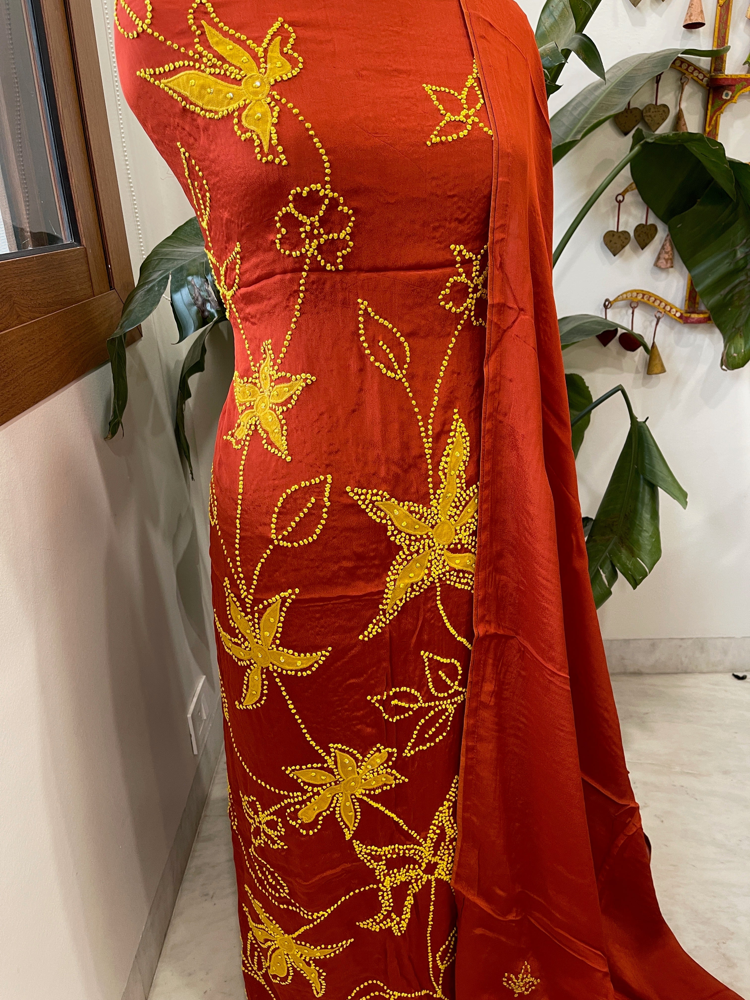 Rust Crepe Suit Set With Knot & Sequin Handwork - Masakalee