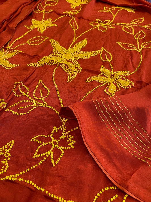 Rust Crepe Suit Set With Knot & Sequin Handwork - Masakalee