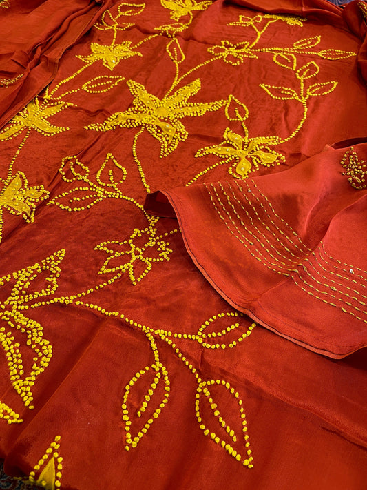 Rust Crepe Suit Set With Knot & Sequin Handwork - Masakalee