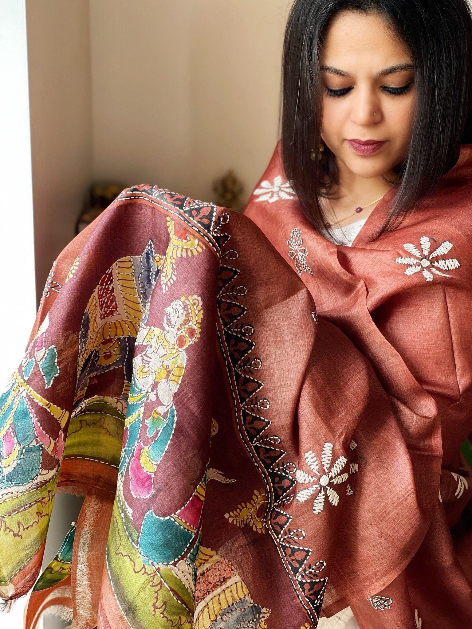 Rust Handpainted Dupatta with Kantha Hand Embroidery in Pure Silk - Masakalee