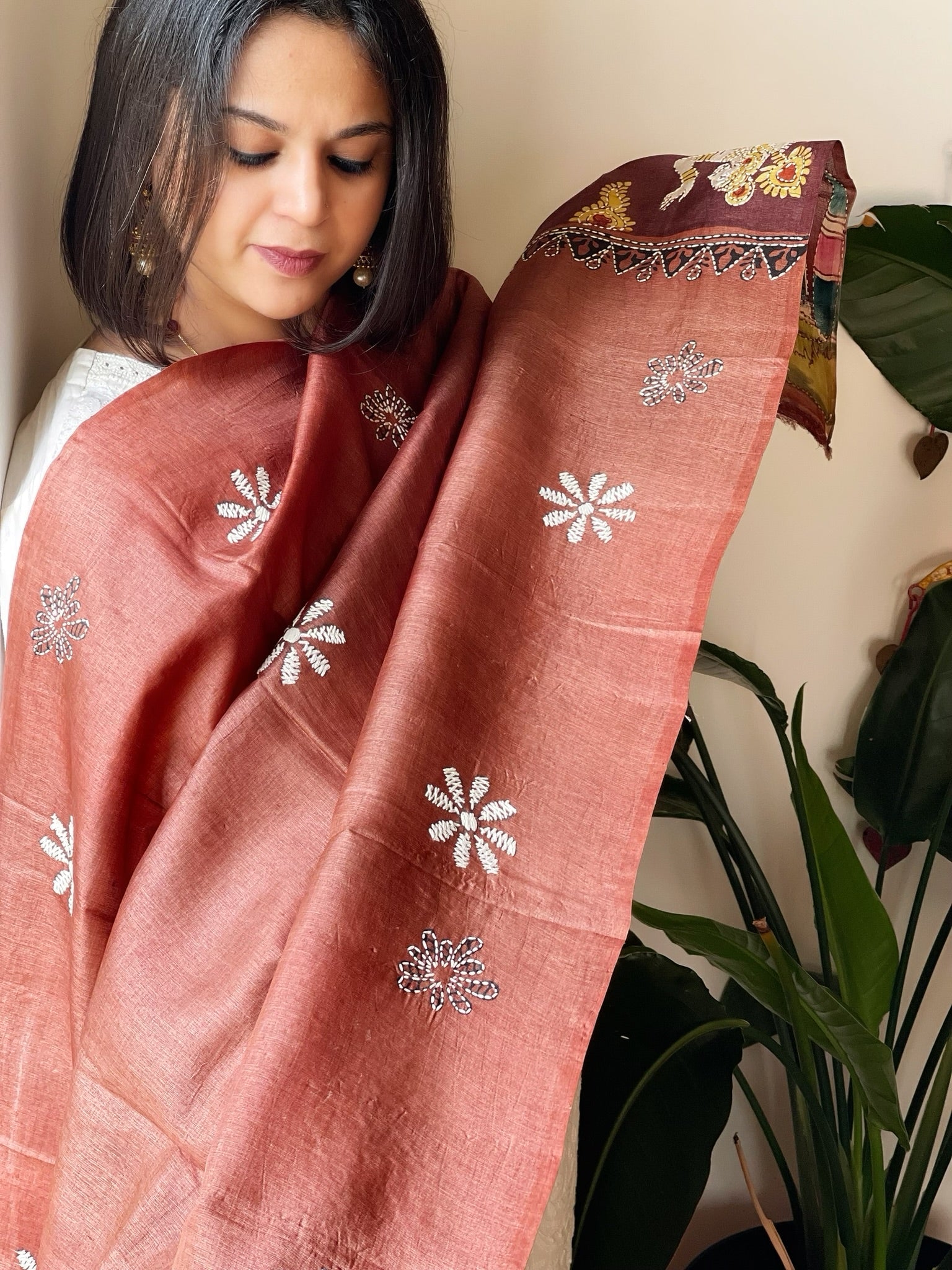 Rust Handpainted Dupatta with Kantha Hand Embroidery in Pure Silk - Masakalee