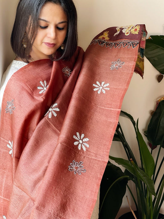 Rust Handpainted Dupatta with Kantha Hand Embroidery in Pure Silk - Masakalee