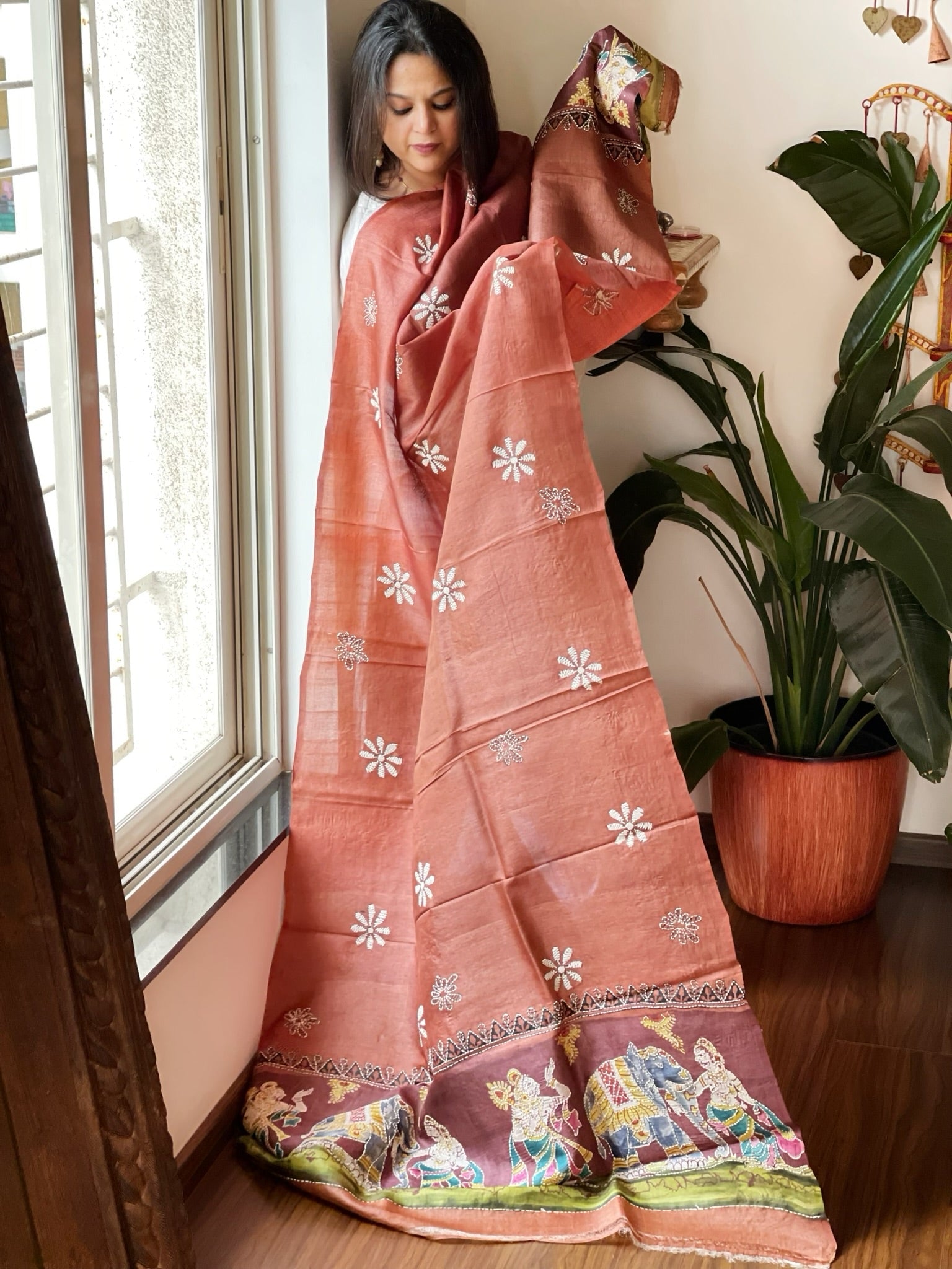 Rust Handpainted Dupatta with Kantha Hand Embroidery in Pure Silk - Masakalee