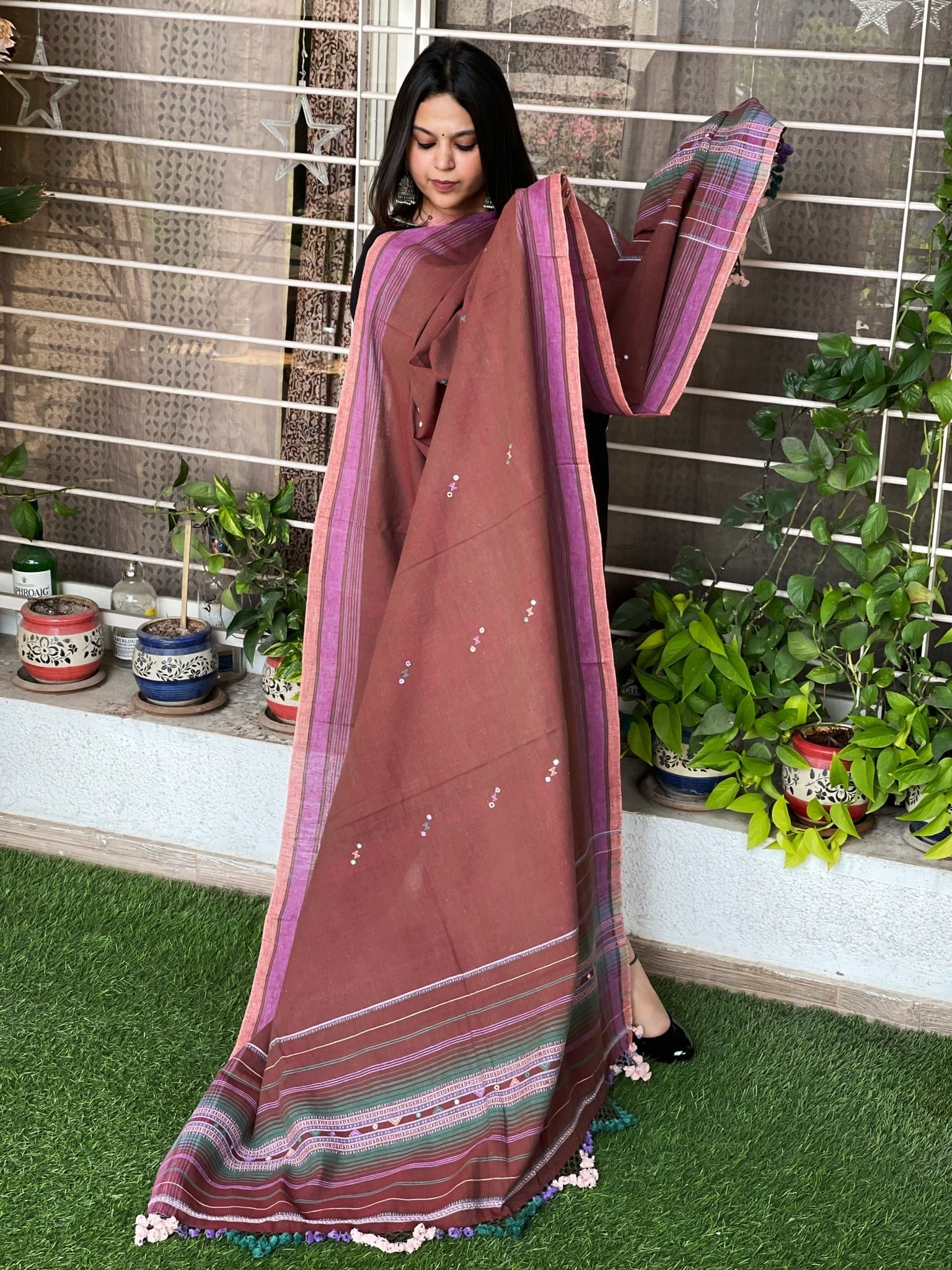 Rust Handwoven Bhujodi Dupatta with Mirror Handwork in Kala Cotton - Masakalee