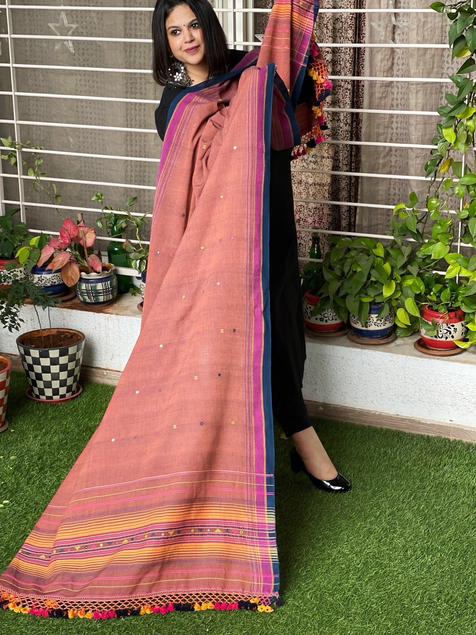 Rust Handwoven Bhujodi Dupatta with Mirror Handwork in Kala Cotton - Masakalee