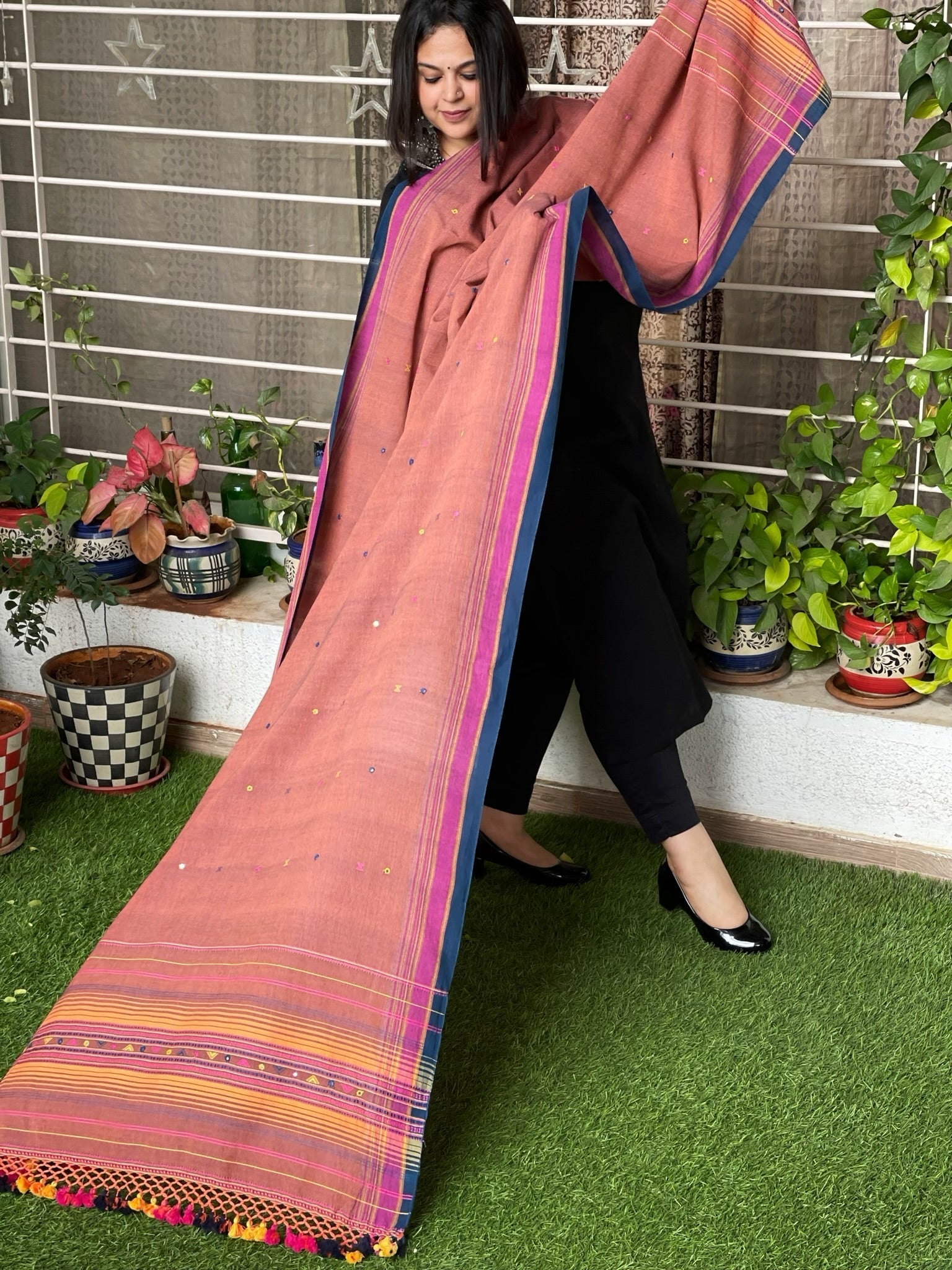 Rust Handwoven Bhujodi Dupatta with Mirror Handwork in Kala Cotton - Masakalee