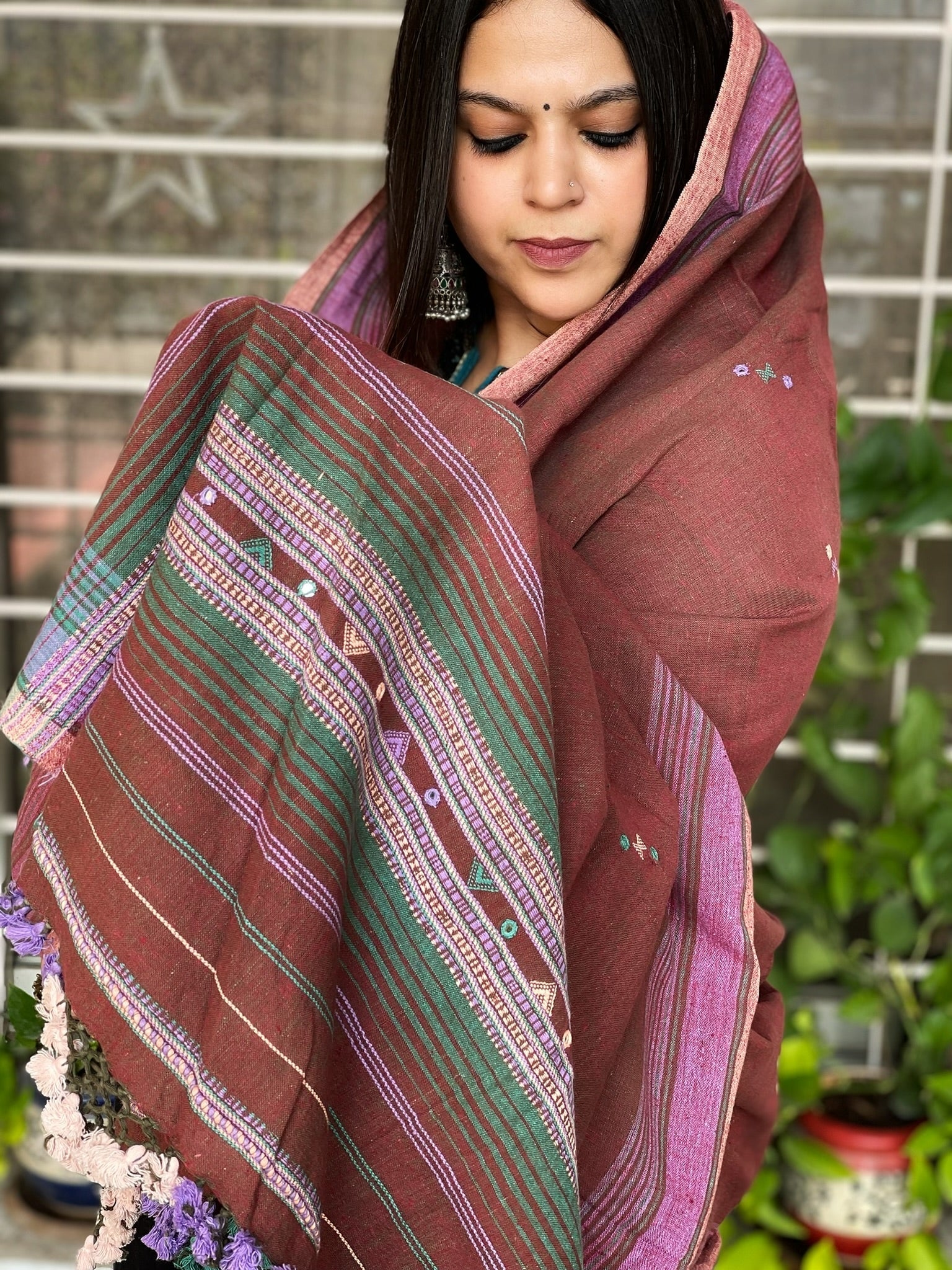 Rust Handwoven Bhujodi Dupatta with Mirror Handwork in Kala Cotton - Masakalee