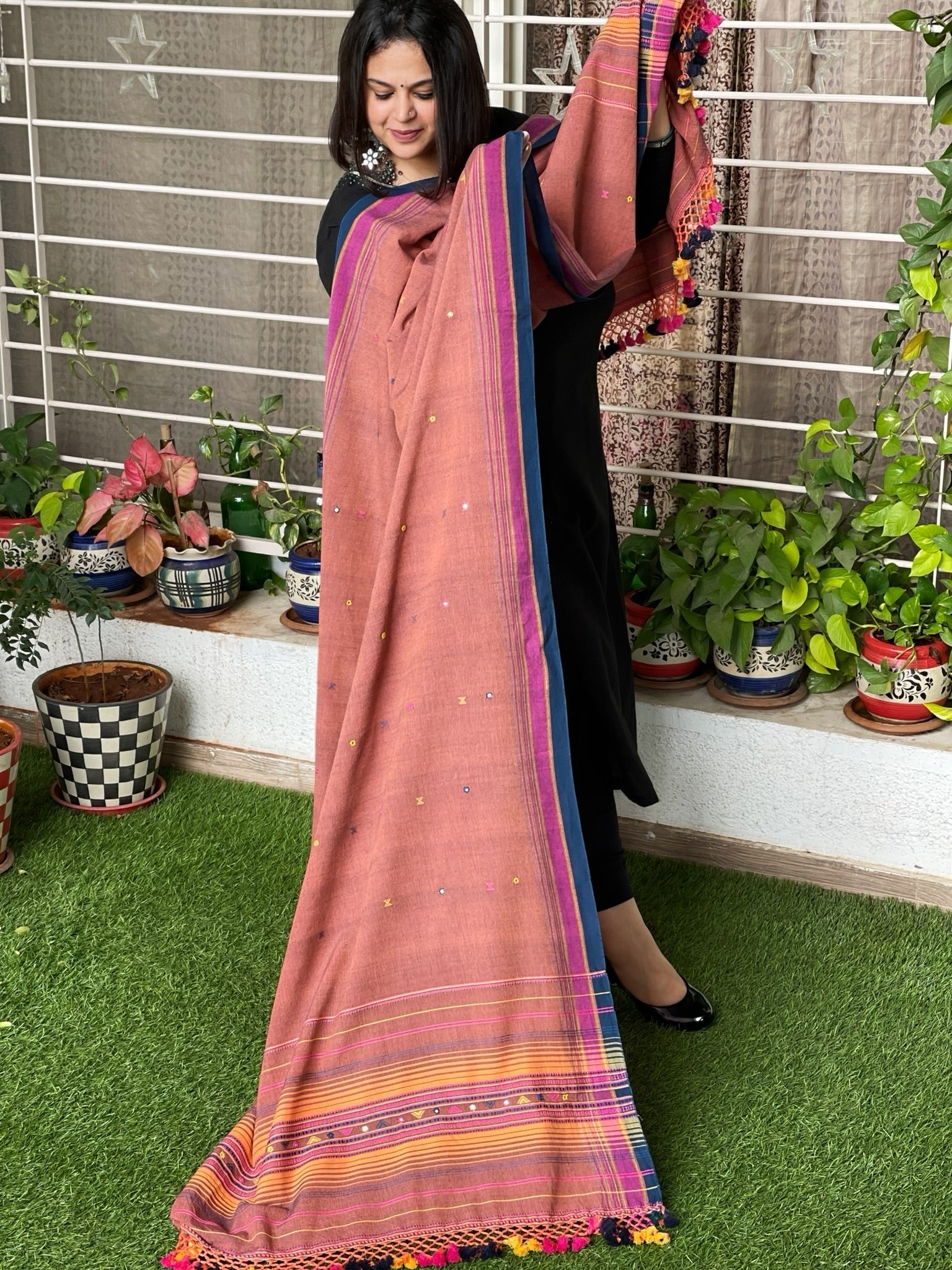 Rust Handwoven Bhujodi Dupatta with Mirror Handwork in Kala Cotton - Masakalee