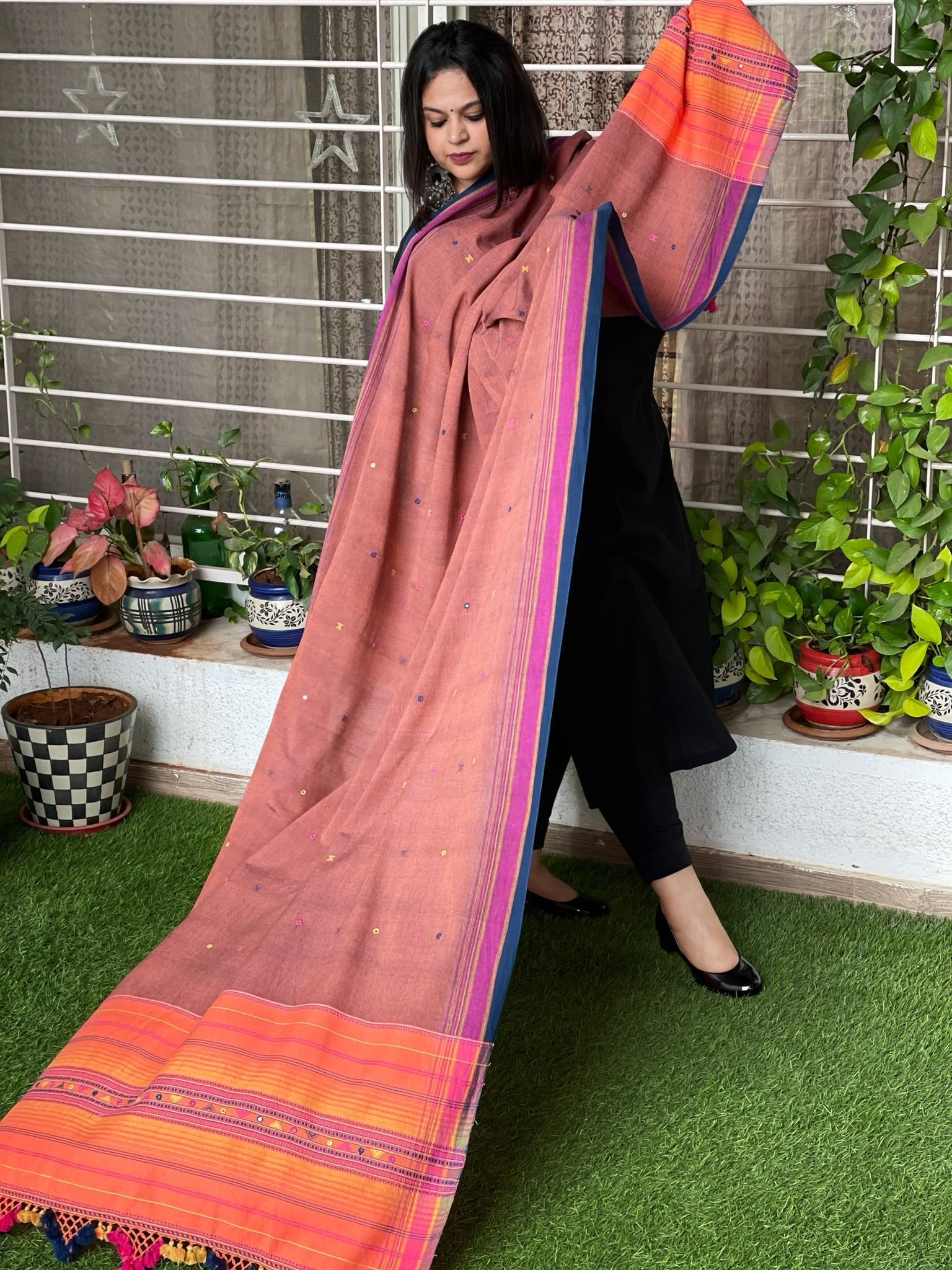 Rust Handwoven Bhujodi Dupatta with Mirror Handwork in Kala Cotton - Masakalee