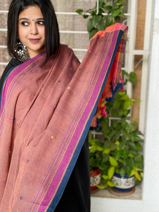 Rust Handwoven Bhujodi Dupatta with Mirror Handwork in Kala Cotton - Masakalee