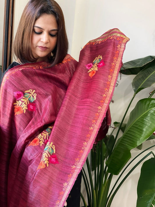 Rust Kashmiri Aari Embroidered Dupatta in Geecha Silk - Masakalee