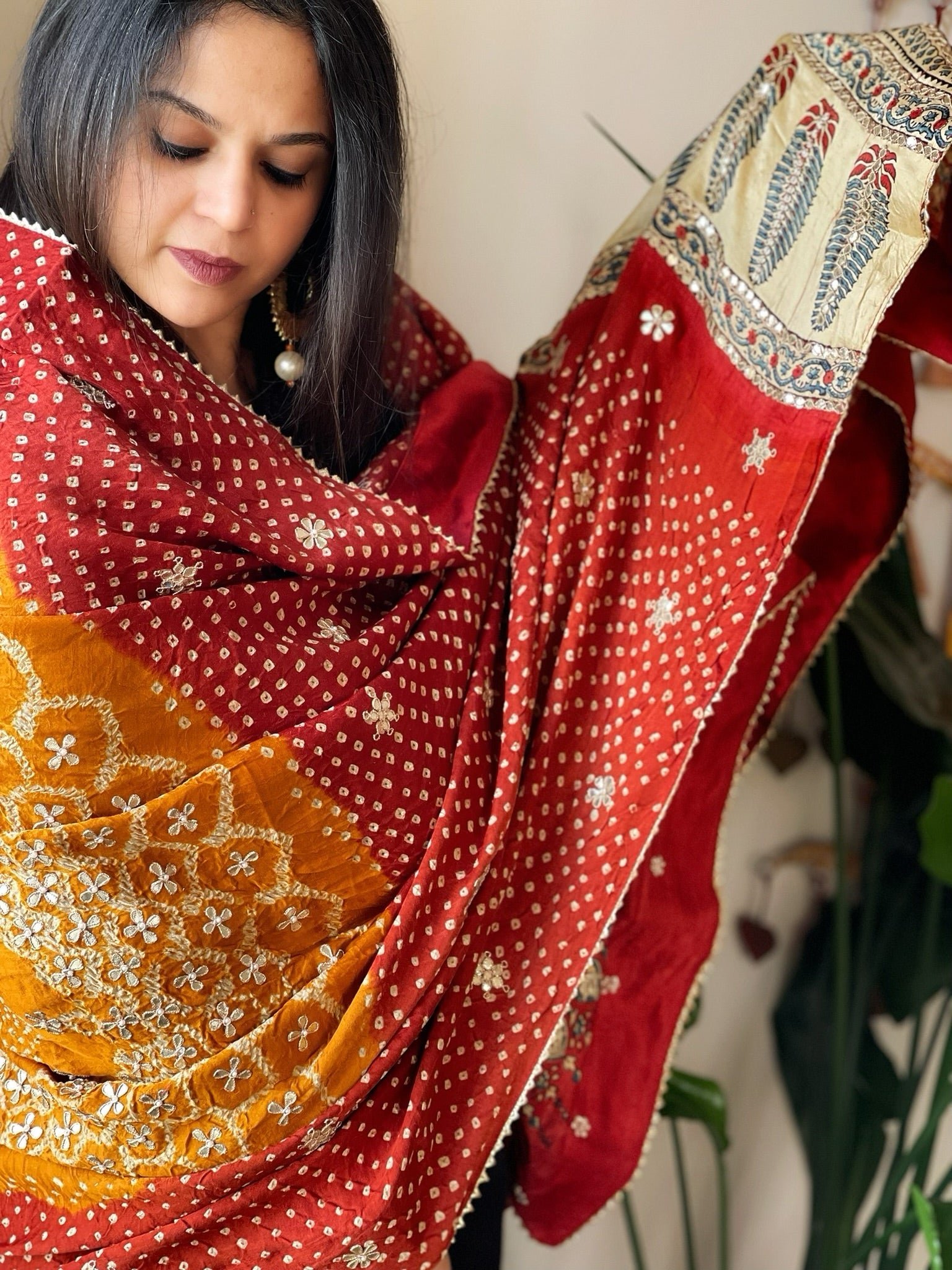 Rust Rai Bandhani, Ajrakh Dupatta with Gotapatti Handwork in Gajji Silk - Masakalee