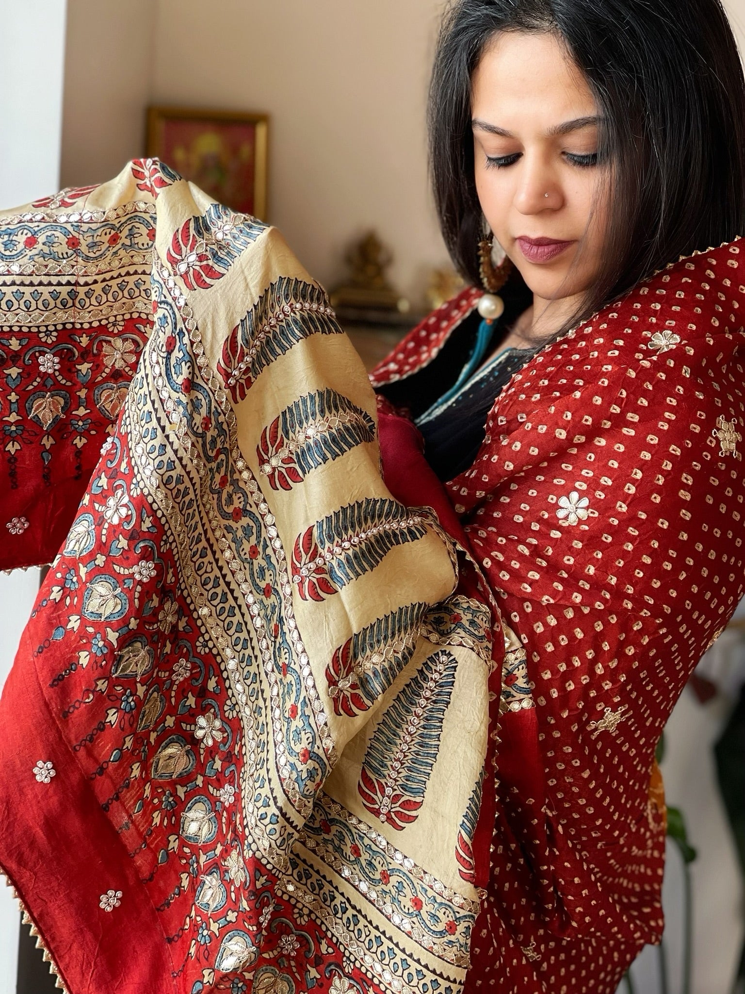 Rust Rai Bandhani, Ajrakh Dupatta with Gotapatti Handwork in Gajji Silk - Masakalee