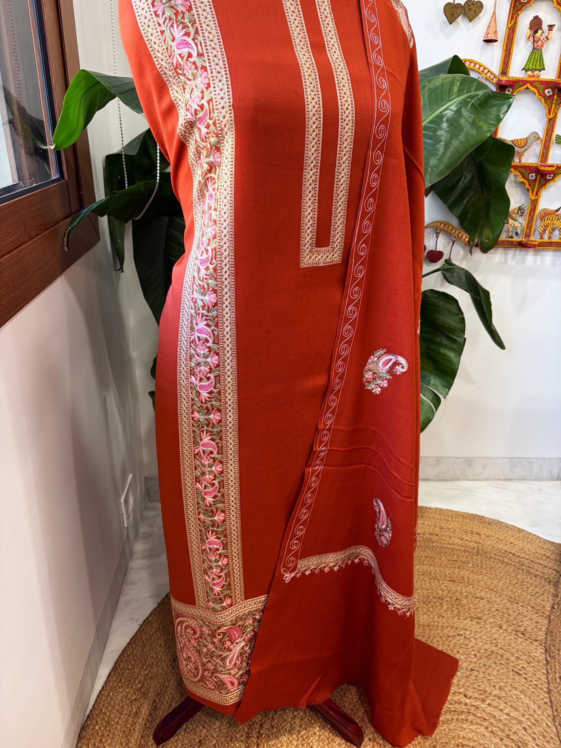 Rust Winter Suit Set with Aari Work in Pashmina Wool - Masakalee