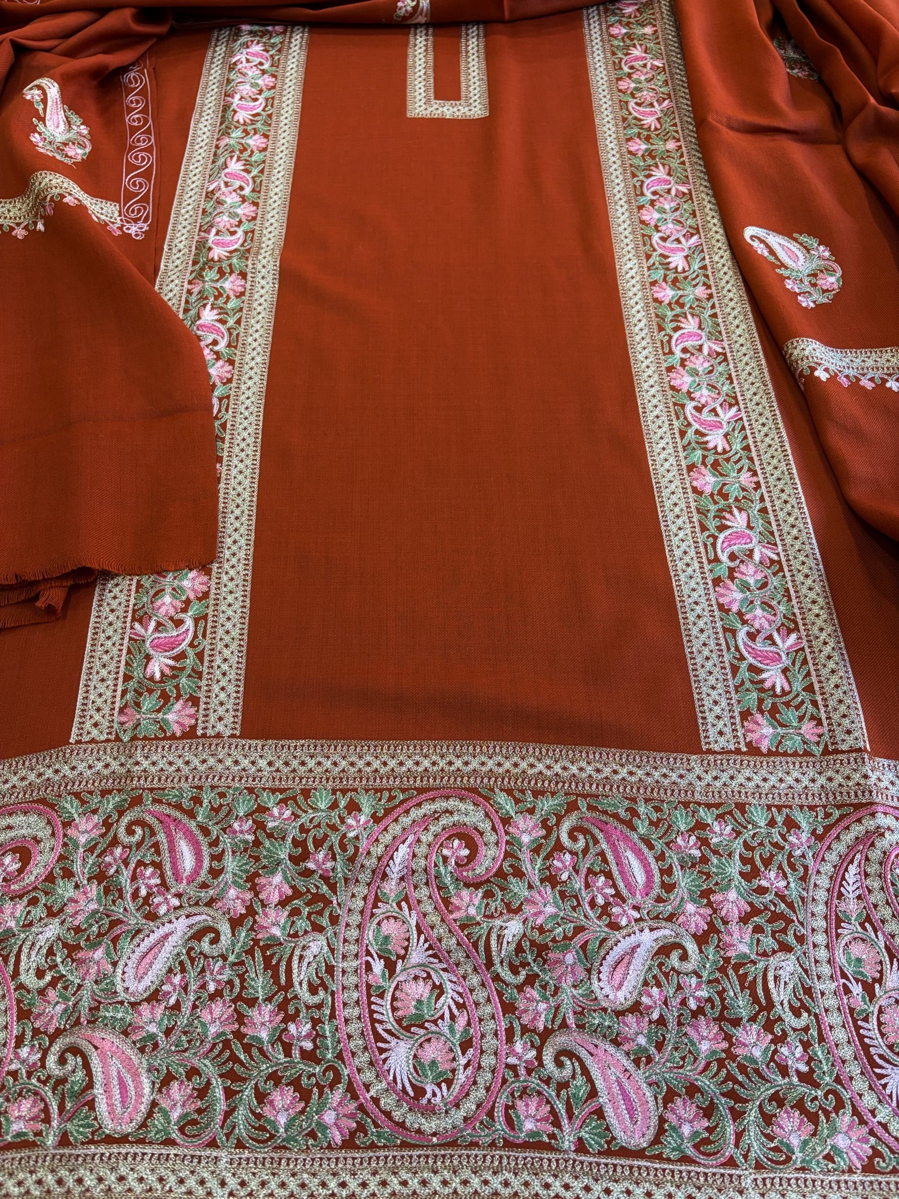 Rust Winter Suit Set with Aari Work in Pashmina Wool - Masakalee