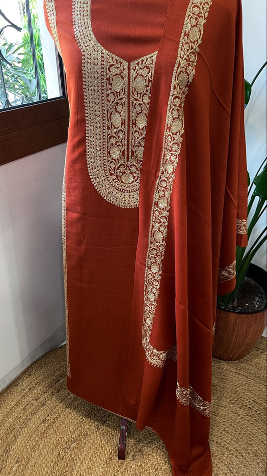 Rust Winter Suit Set with Aari Work in Pashmina Wool - Masakalee