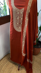 Rust Winter Suit Set with Aari Work in Pashmina Wool - Masakalee