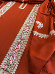 Rust Winter Suit Set with Aari Work in Pashmina Wool - Masakalee