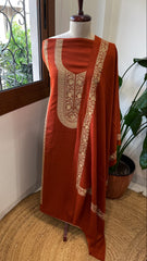 Rust Winter Suit Set with Aari Work in Pashmina Wool - Masakalee