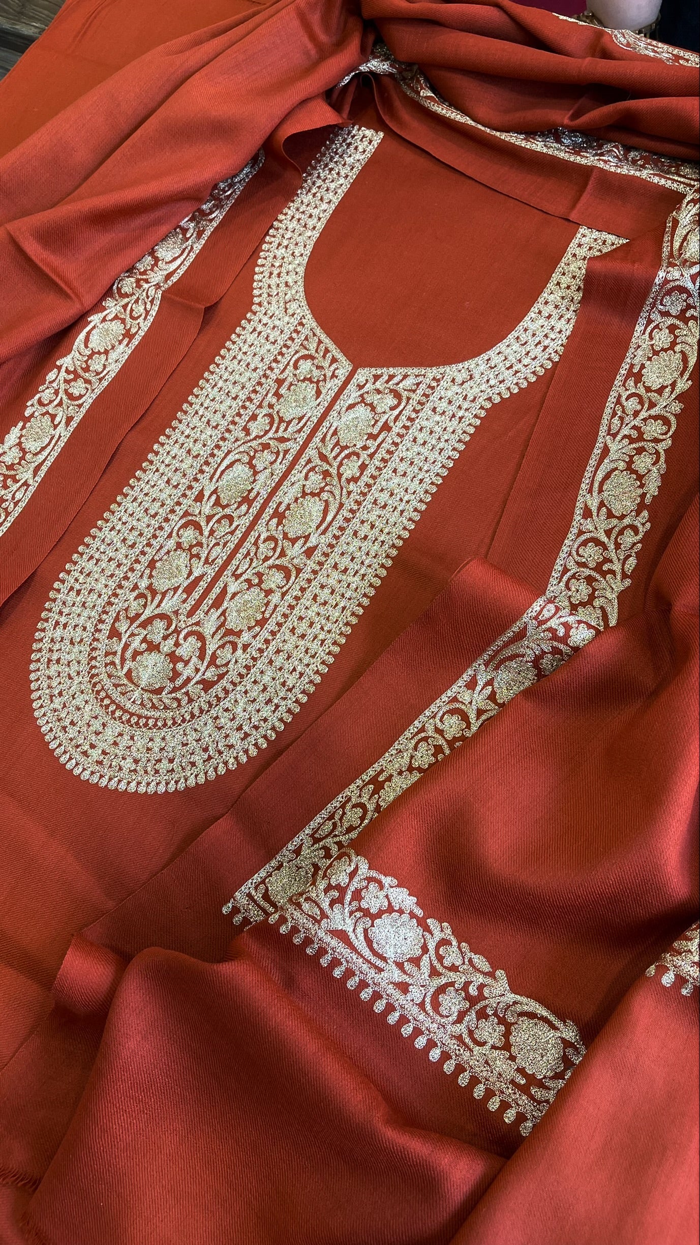 Rust Winter Suit Set with Aari Work in Pashmina Wool - Masakalee