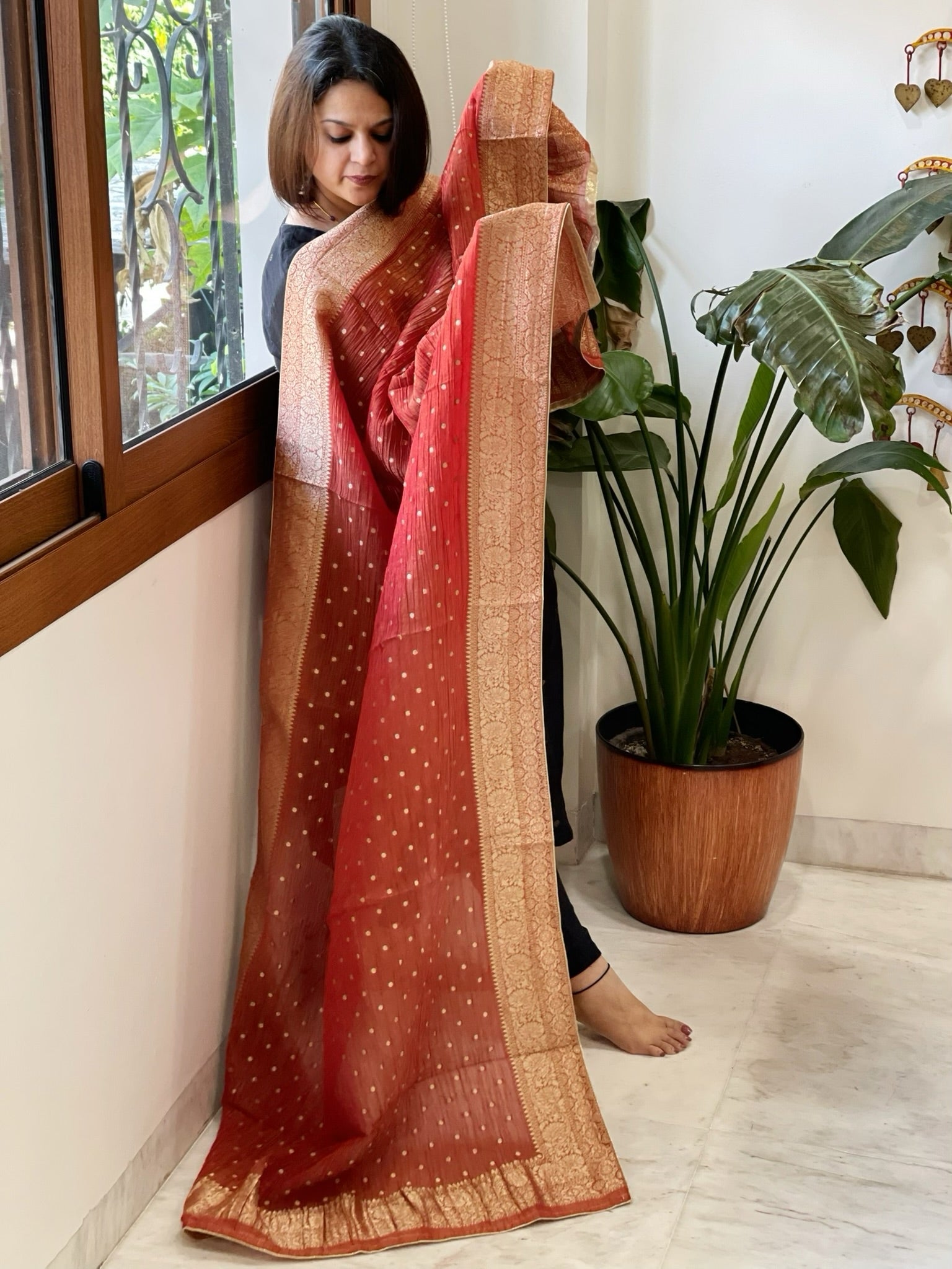 Rust Woven Banarasi Dupatta in Tissue - Masakalee