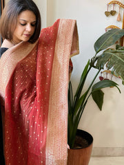 Rust Woven Banarasi Dupatta in Tissue - Masakalee