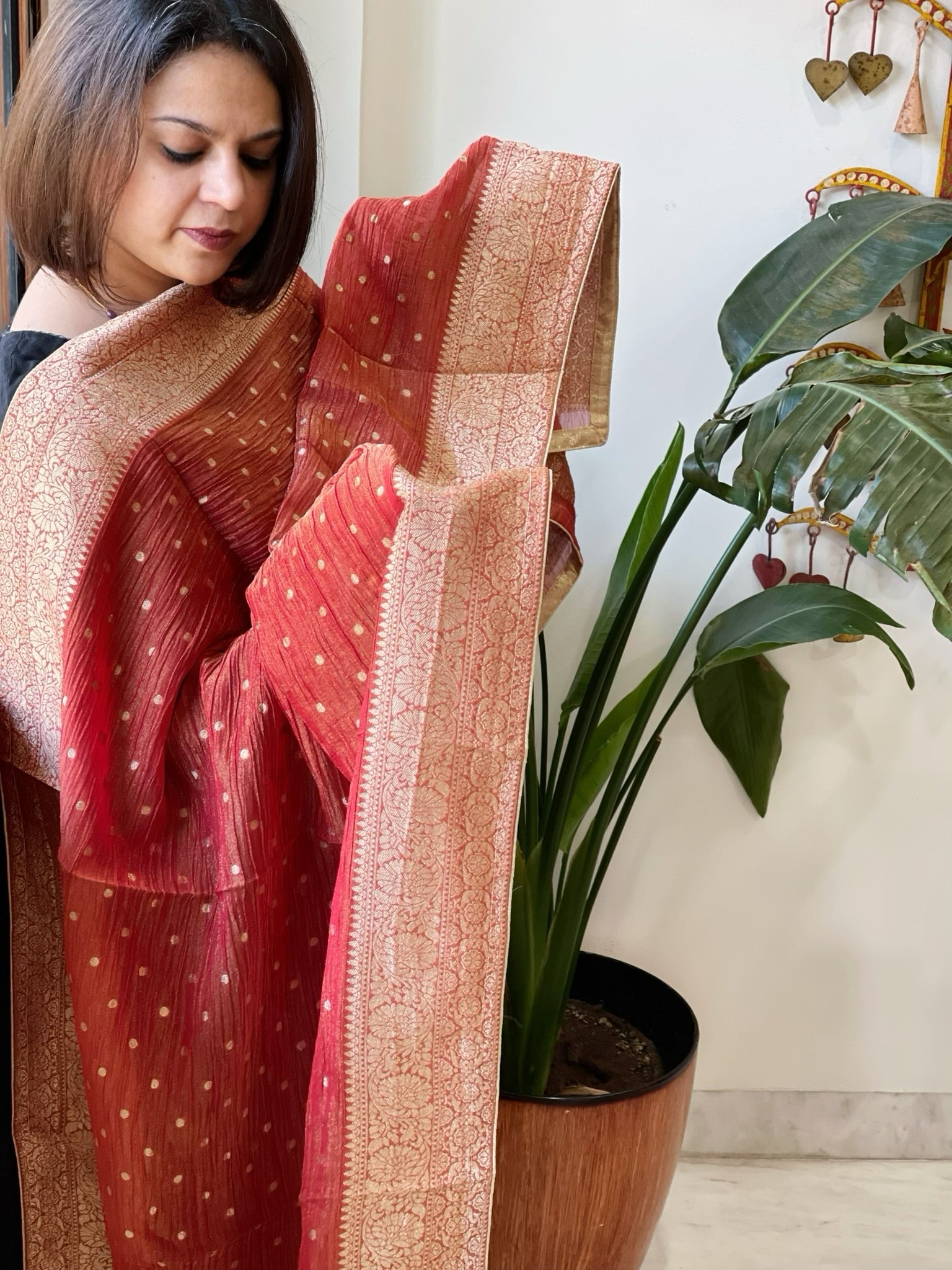 Rust Woven Banarasi Dupatta in Tissue - Masakalee