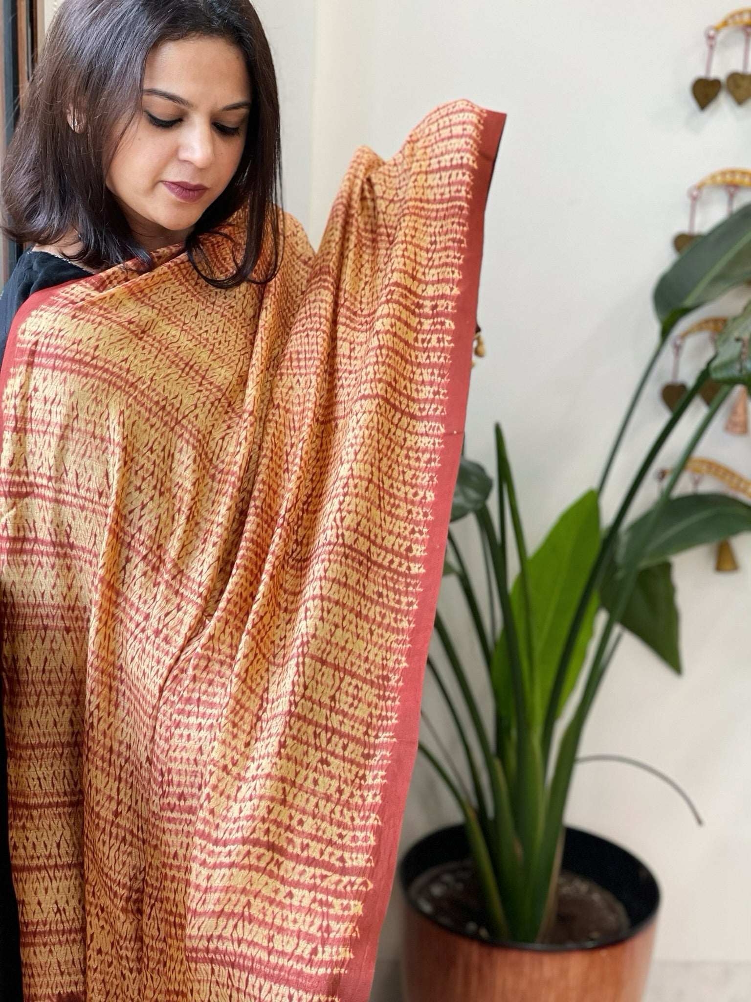 Rust, Yellow Handmade Shibori Dupatta in Eri (Ahimsa) Silk - Masakalee