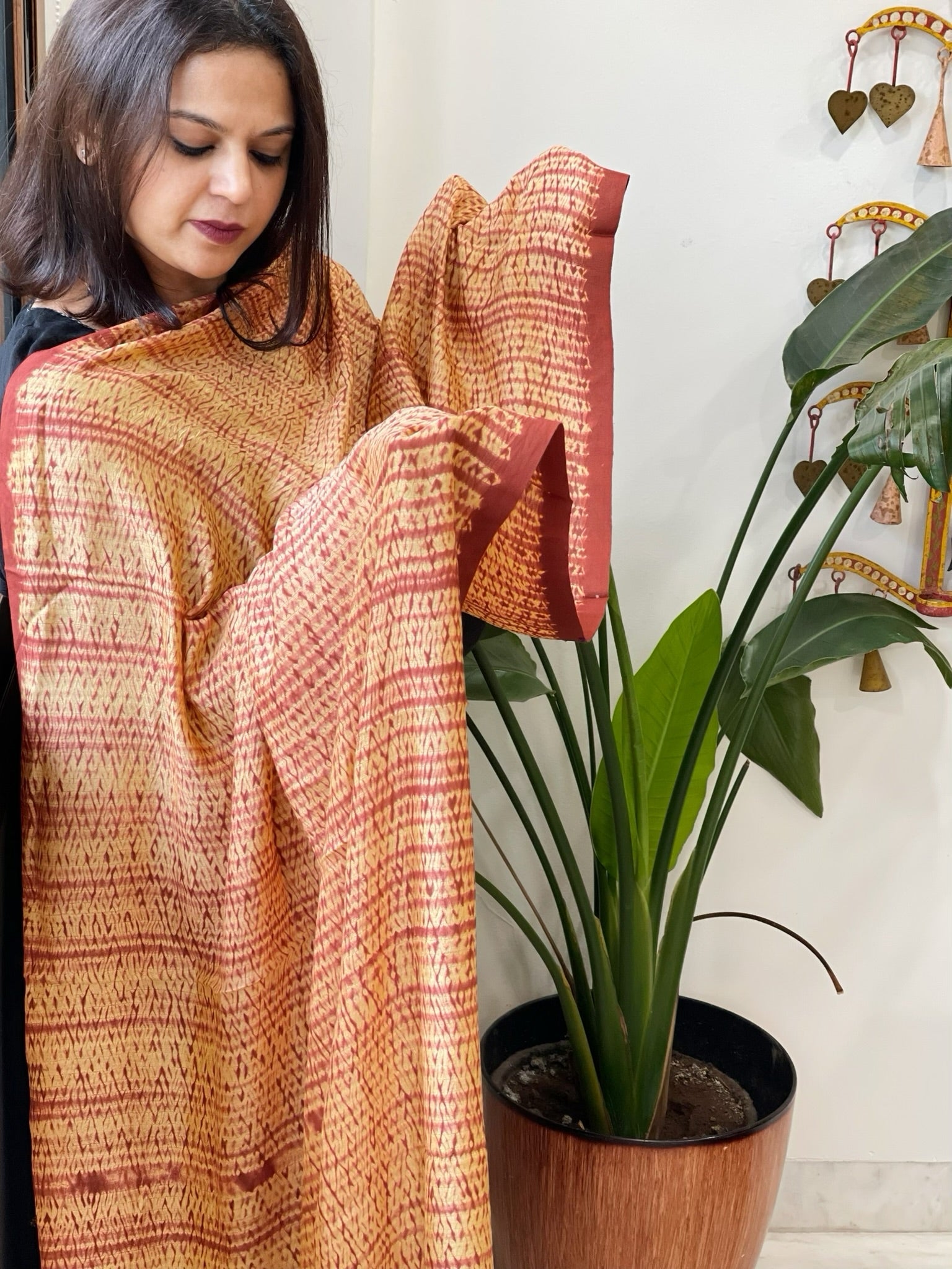 Rust, Yellow Handmade Shibori Dupatta in Eri (Ahimsa) Silk - Masakalee