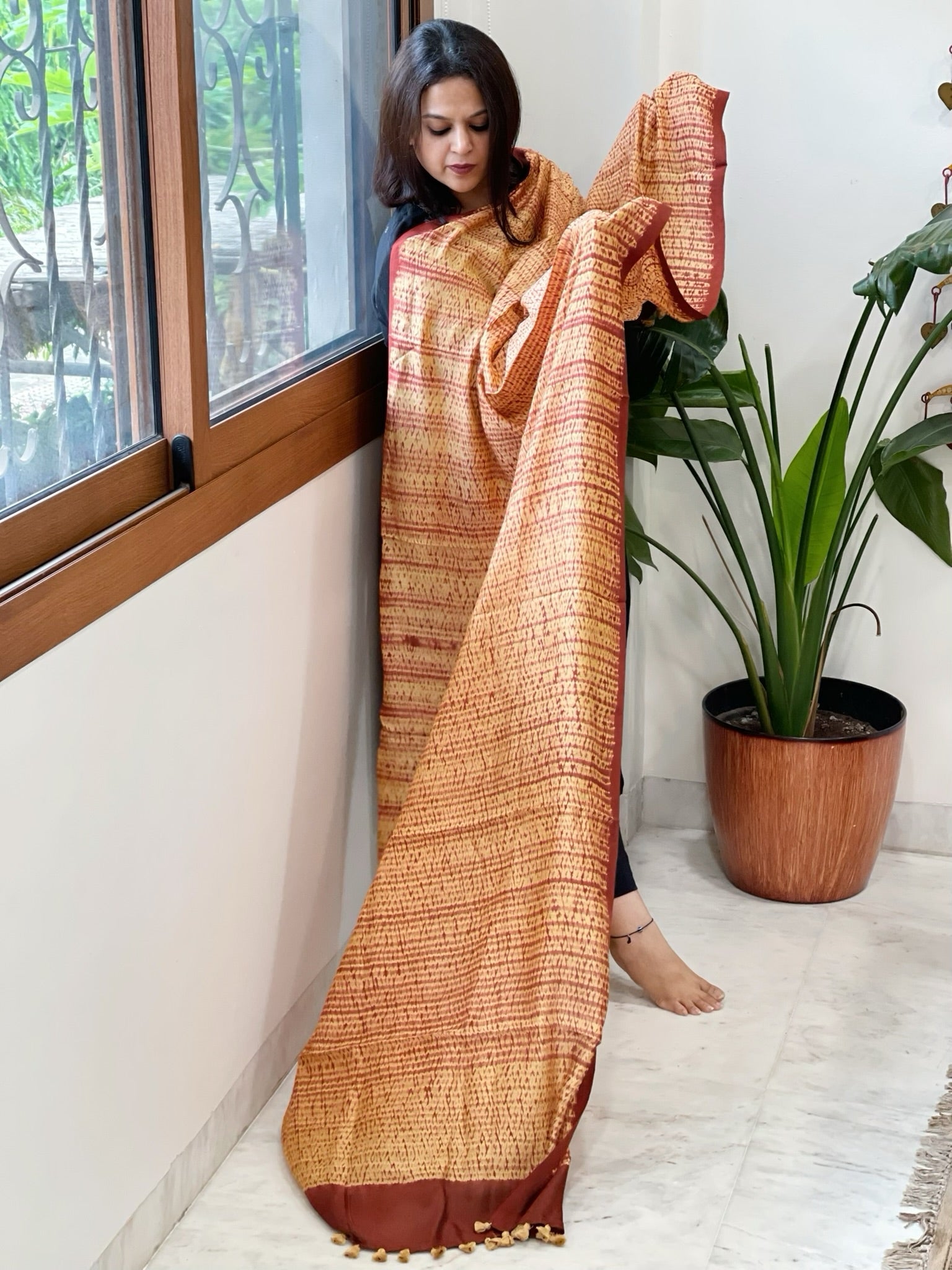 Rust, Yellow Handmade Shibori Dupatta in Eri (Ahimsa) Silk - Masakalee