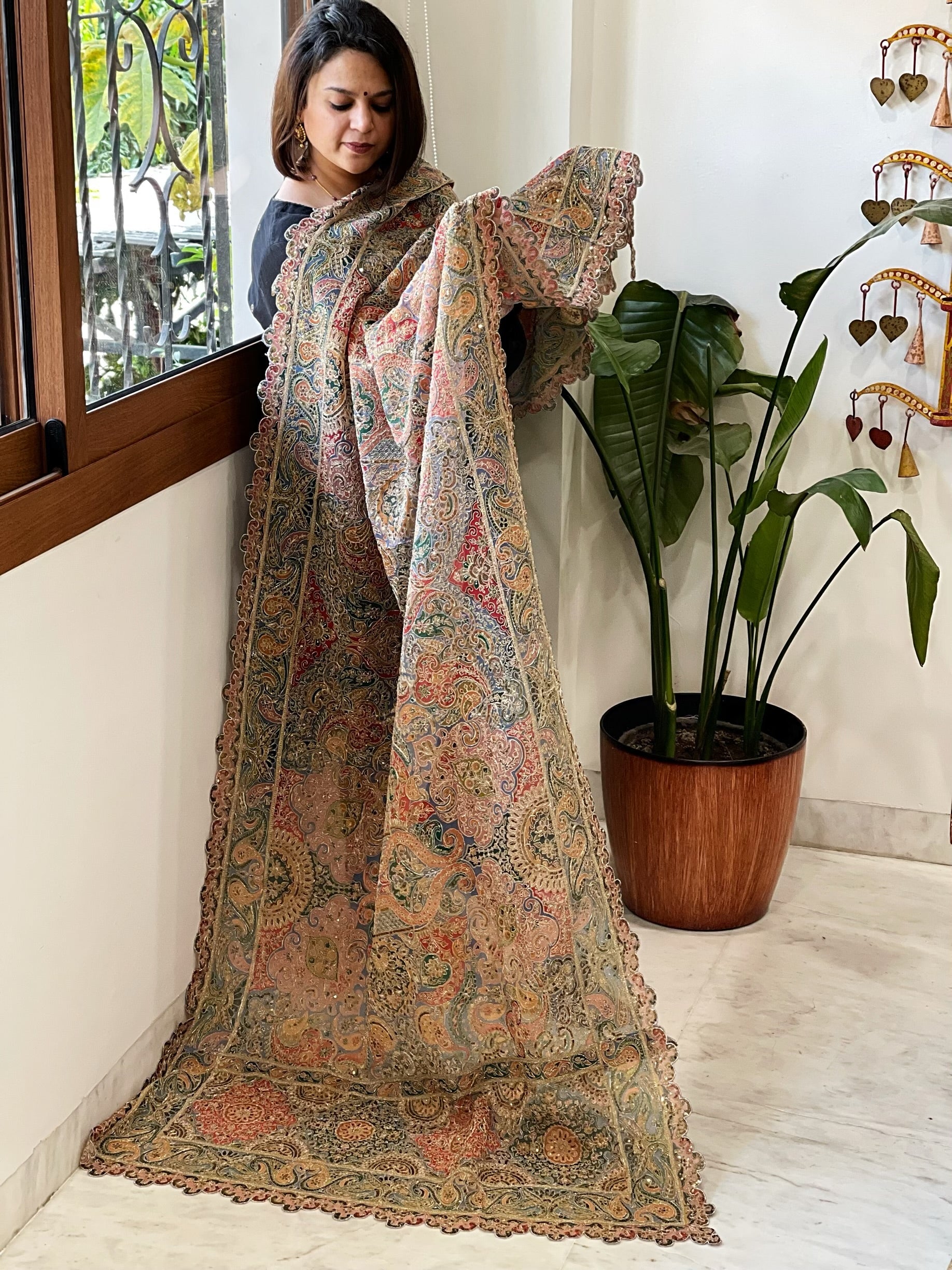 Salmon Pink Chinon Dupatta with Aari Embroidery - Masakalee