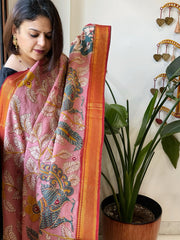 Salmon Pink Handpainted Kalamkari Dupatta with Thread & Mirror Handwork in Chanderi Silk - Masakalee