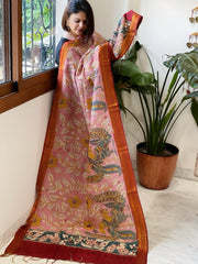 Salmon Pink Handpainted Kalamkari Dupatta with Thread & Mirror Handwork in Chanderi Silk - Masakalee