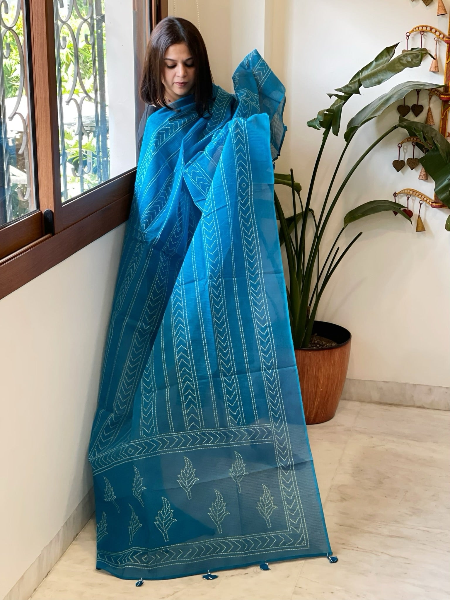 Sea Blue Kota Cotton Handblock Printed Dupatta - Masakalee