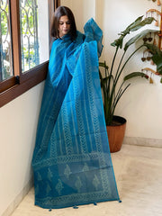 Sea Blue Kota Cotton Handblock Printed Dupatta - Masakalee